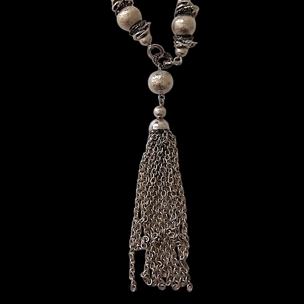 Y Drop Beaded Tassel Chain Necklace Bohemian‎ Western Witchy Silver Tone Gypsy